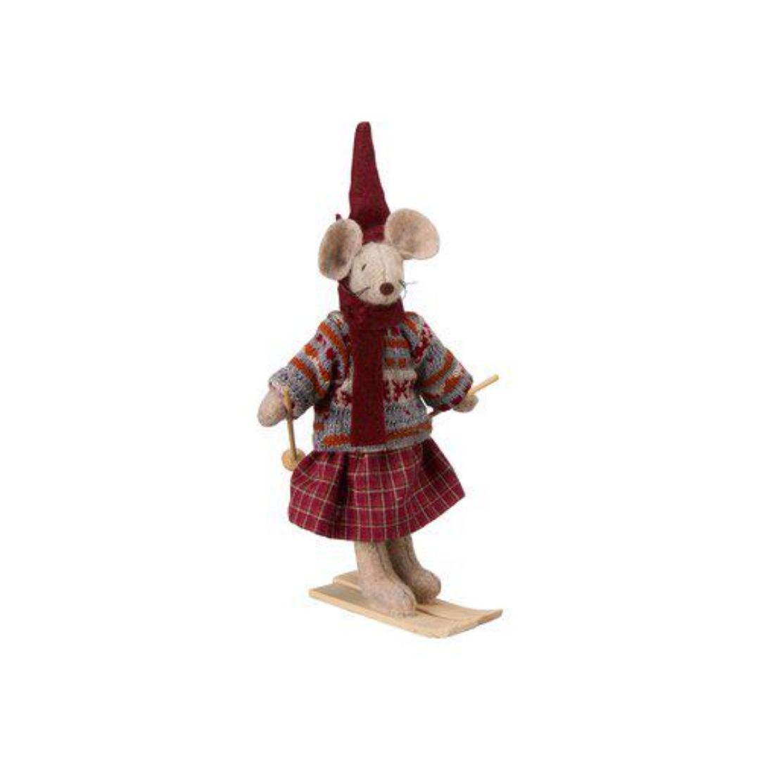 Beatrice mus med skidor i ull från Wikholm Form, röd/grå