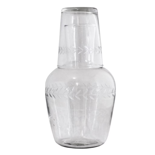 Karaff med dricksglas från Strömshaga, med blombård