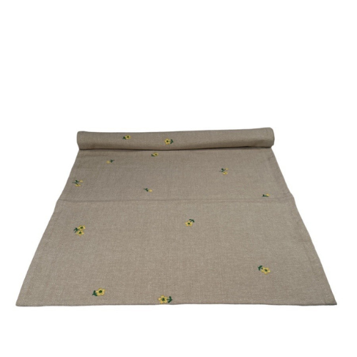 Löpare med gula broderade blommor från Miljögården,  inredningsbutik Kalmar, inredning, lantligt, lantliginredning