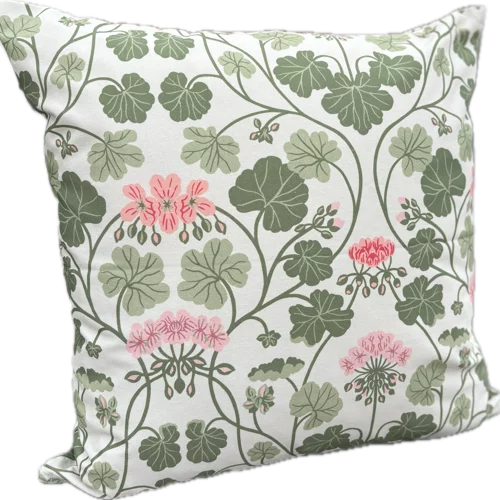 Pelargon rosa kuddfodral från Lundbotex, rosa/grön/vit, 45x45cm
